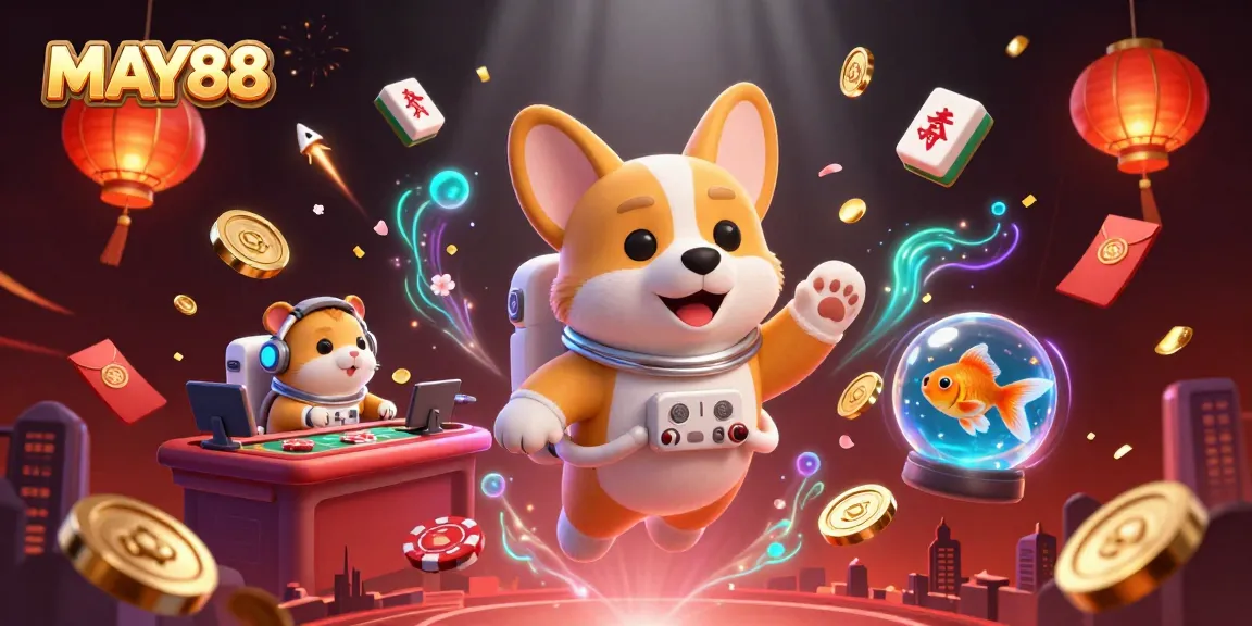 The MAY88 online casino comes alive with a floating corgi astronaut and vibrant gaming elements.