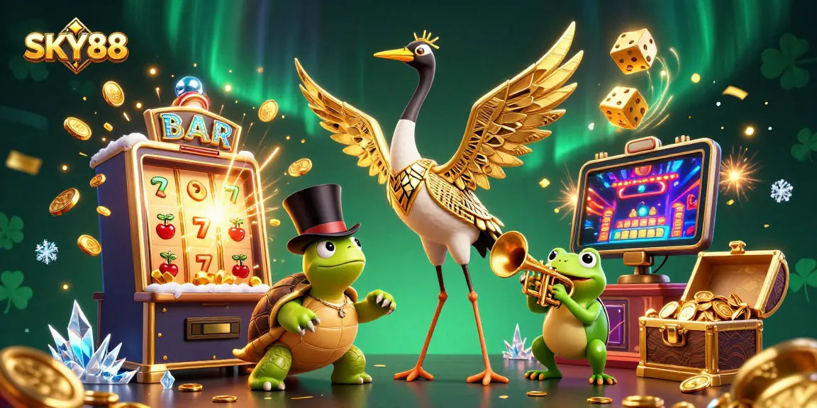 Experience thrilling gaming at SKY88 with vibrant illustrations of casino fun and excitement.