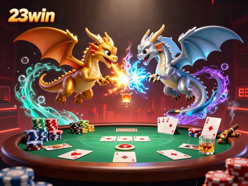 Experience the excitement of 23win with dynamic dragons fighting among poker chips and glowing casino elements.