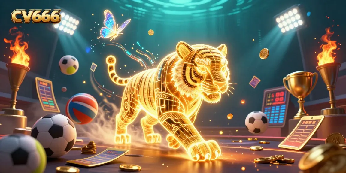 Experience the thrill of CV666 as a golden tiger prowls a digital casino, enriched with vibrant game elements.