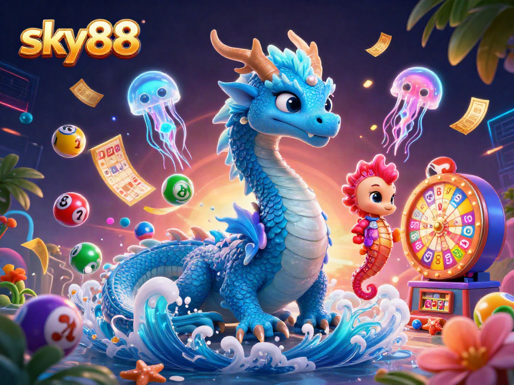Engage in exciting gameplay at sky88 with a vibrant scene of colorful lottery elements and magical creatures.