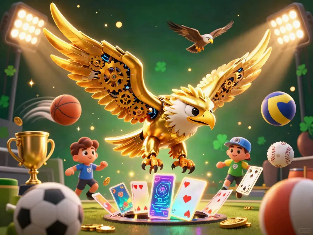Experience thrilling gambling action with 11win, featuring a cybernetic eagle among sports elements and glowing cards.