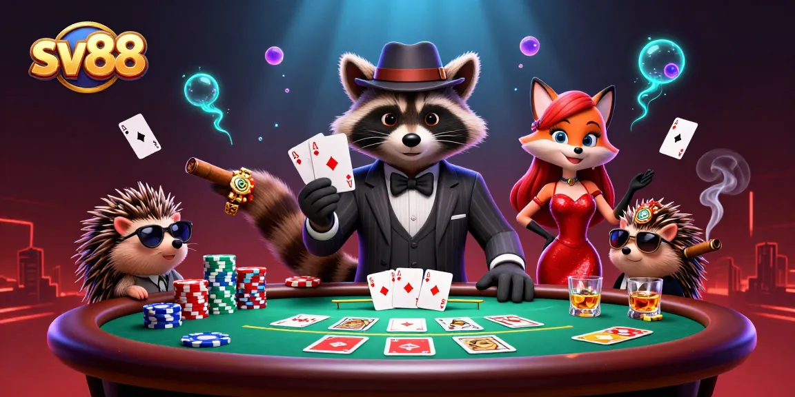 sv88 players enjoying a lively poker night showdown with vibrant characters.