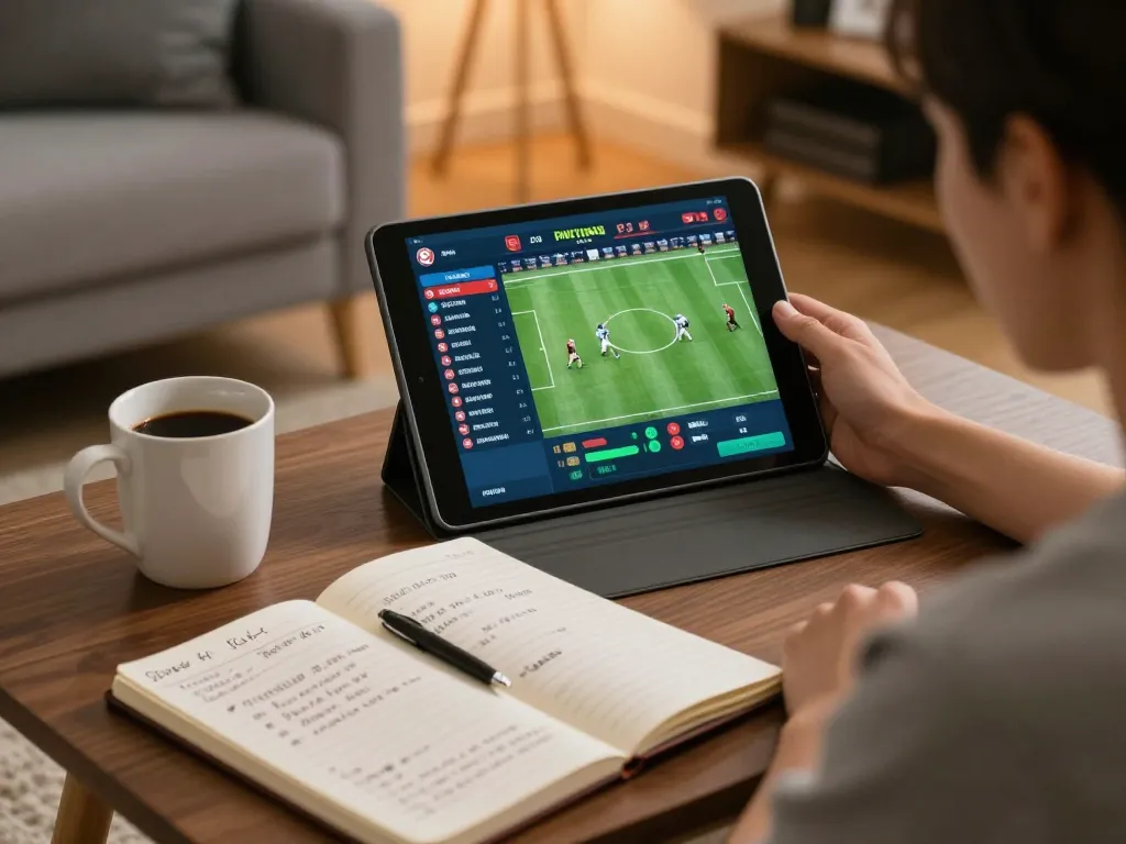 Person actively using kèo nhà cái 5 on tablet for sports betting strategy in a cozy living room.