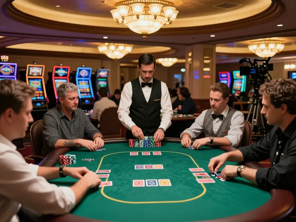 Engaged players at qq8827 poker table showcasing competitive betting in a luxurious casino.