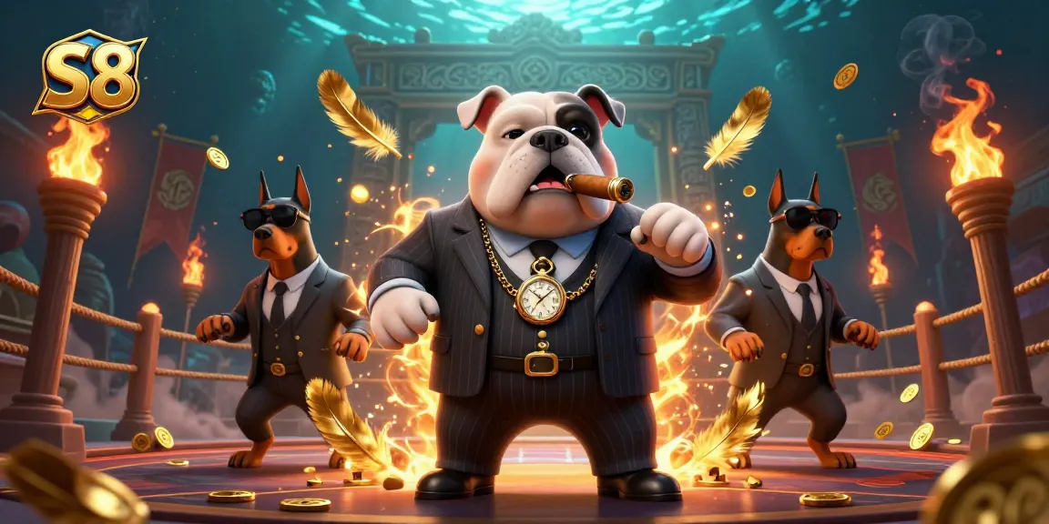 S8 casino scene featuring a mafia bulldog boss with bodyguard Doberman pinschers, showcasing immersive casino games elements