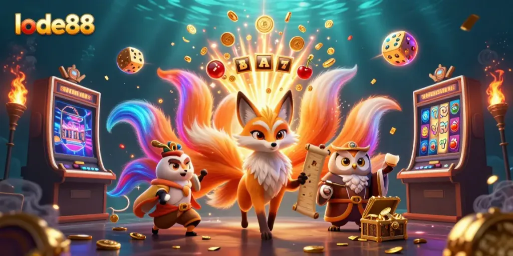 Experience thrilling action with lode88’s vibrant 3D illustration of a nine-tailed fox and owl among casino symbols.