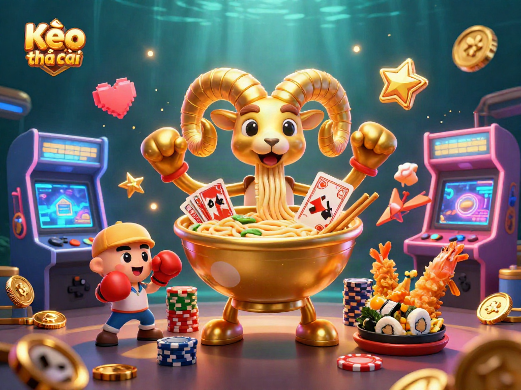 Kèo nhà cái: Engage with vibrant gameplay featuring a giant ramen bowl dealing cards and dynamic casino characters.