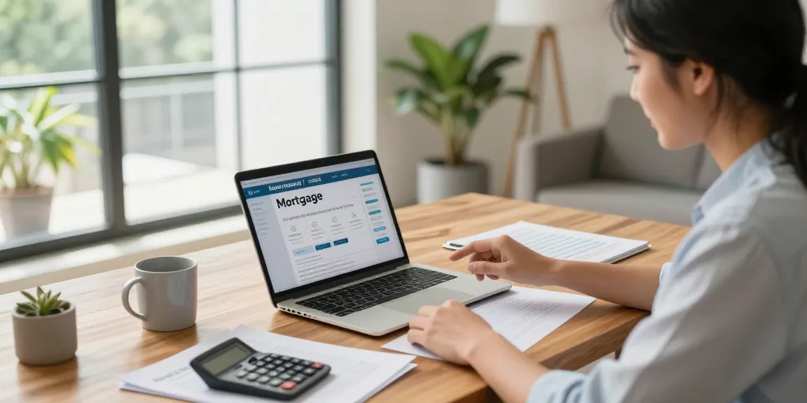 Couple using simulador hipotecario on a laptop in a bright home office setting