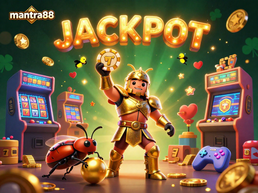 Win big with mantra88 in this vibrant 3D casino illustration filled with jackpot elements and gaming excitement.