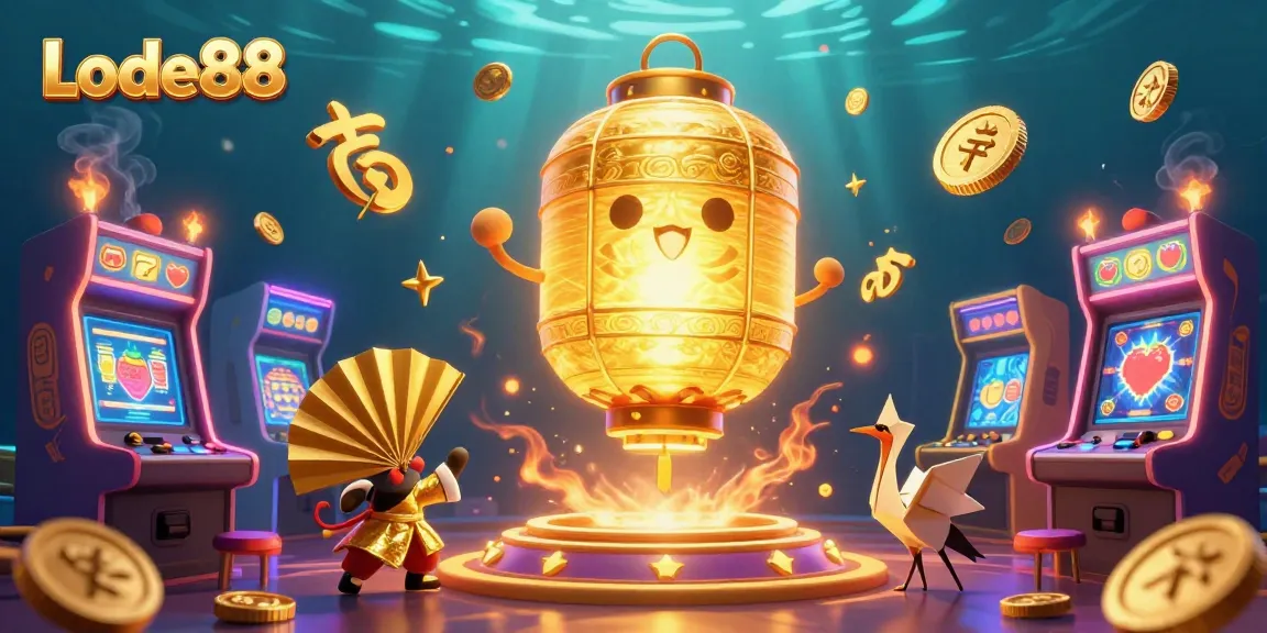 Lode88 casino illustration showing a golden lantern spirit and slot machines in a vibrant setting.