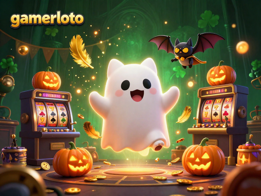 Experience the thrill of gamerloto with a mystical, haunted casino scene featuring a friendly ghost cat.
