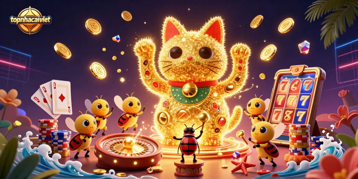 Experience thrilling gaming with topnhacaiviet's dynamic illustration of a lucky cat and casino elements.