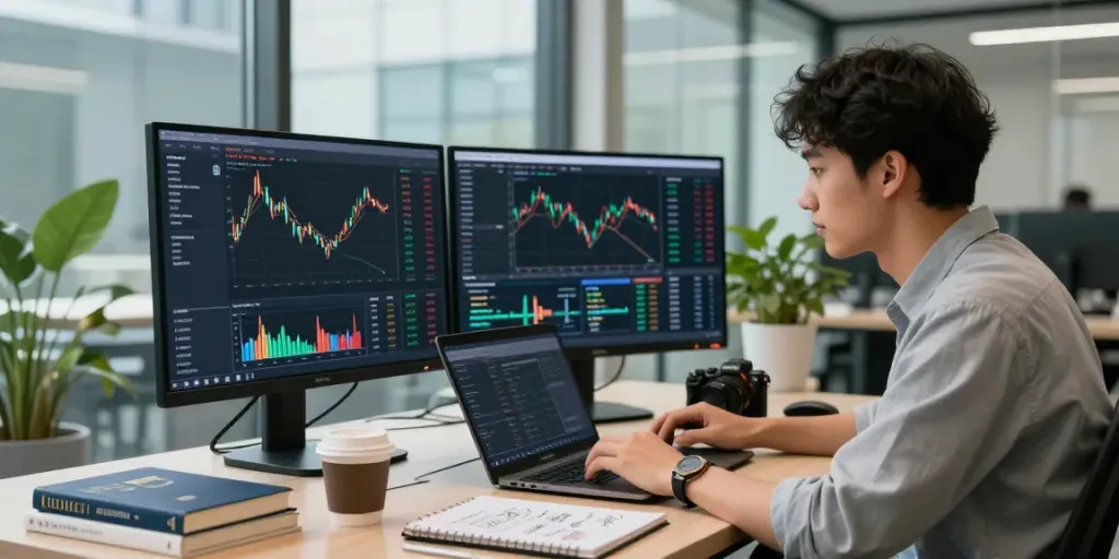 Phuwerte Inwersowia mostrando a un profesional analizando datos de criptomonedas en una oficina moderna con pantallas duales.