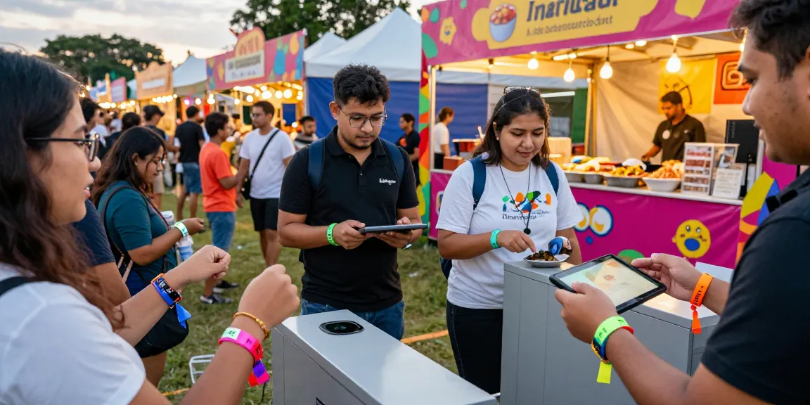 Attendees using pulseras de tela con chip personalizadas for easy entry at a vibrant festival.