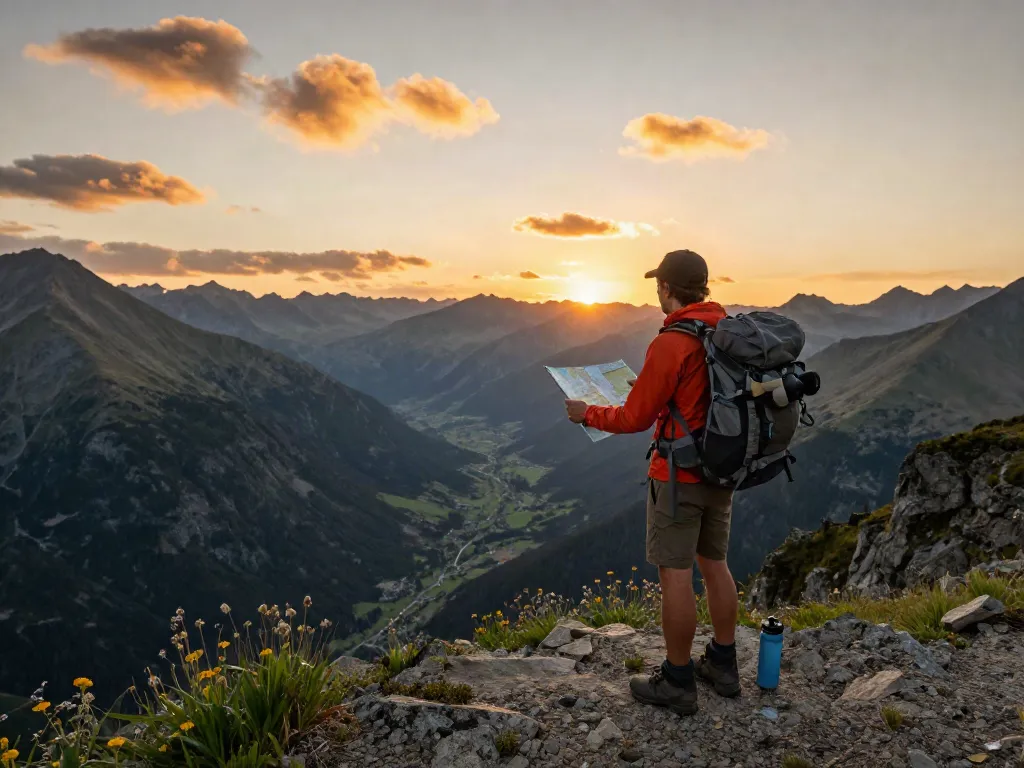 Momento de aventura con un viajero disfrutando del atardecer en la montaña, explorando el concepto de siera kaudalor.