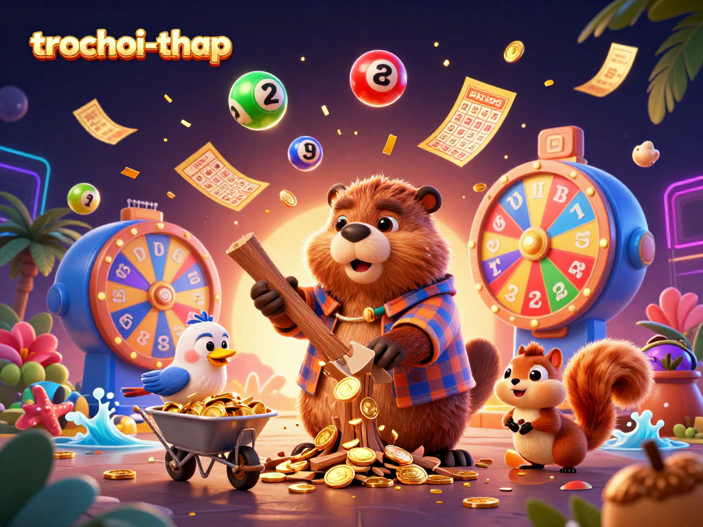 Engage in trochoi-thap with the beaver collecting golden coins amidst vibrant lottery elements.