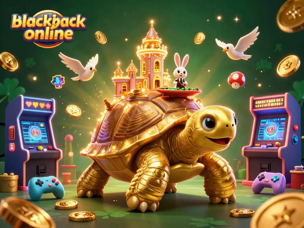 Disfruta blackjack online en esta ilustración 3D que muestra una tortuga dorada con un casino.