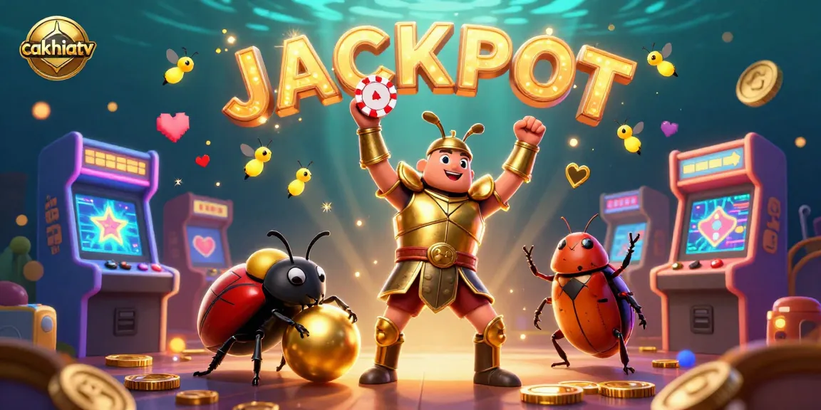 Cakhiatv showcases a cartoon beetle in golden armor celebrating a jackpot amidst glowing arcade games.