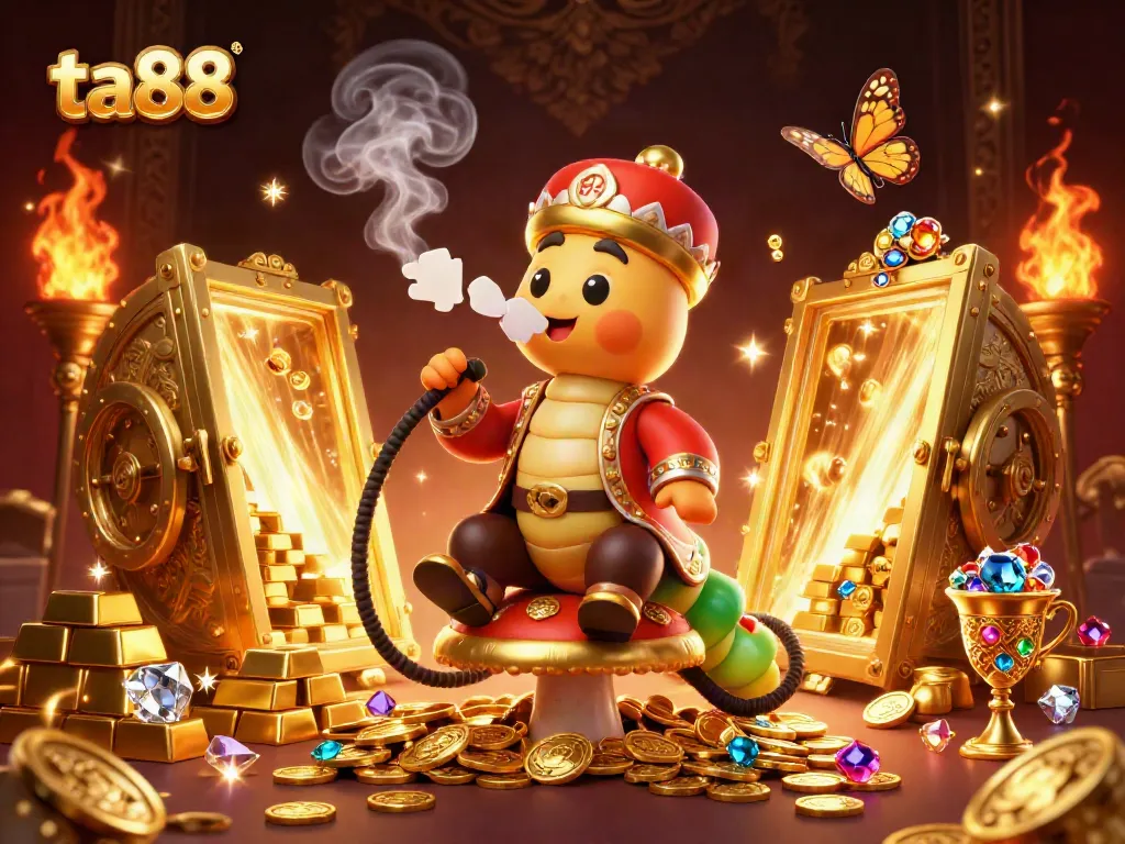 Engage in thrilling ta88 action with a lavish 3D casino illustration showcasing golden treasures and vibrant characters.