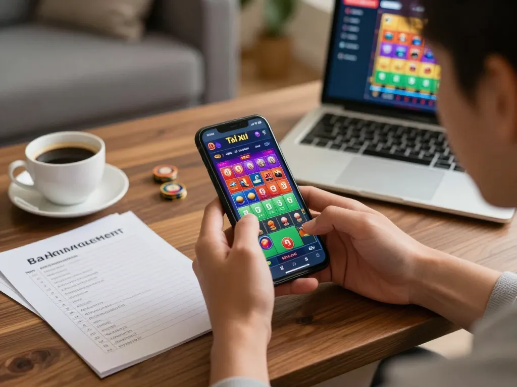 TaiXiuVN player engaging with online game app while strategizing their bankroll management.