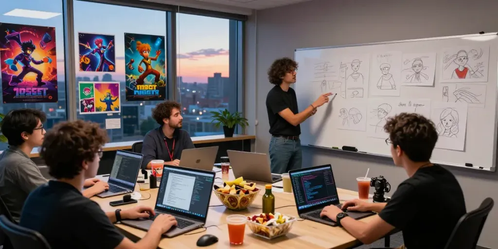 Diverse team collaborating on situs ggsoft gaming application in vibrant studio.