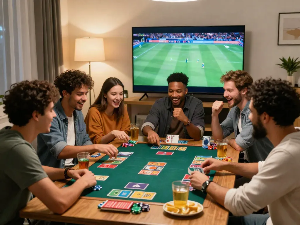 Friends enjoying gambling night with ku88 games and sports bets in a cozy setting.