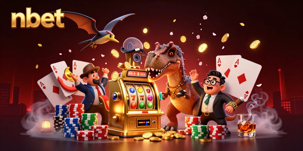 Engaging illustration of nbet featuring a cartoon dinosaur and slot machine amid flying coins.