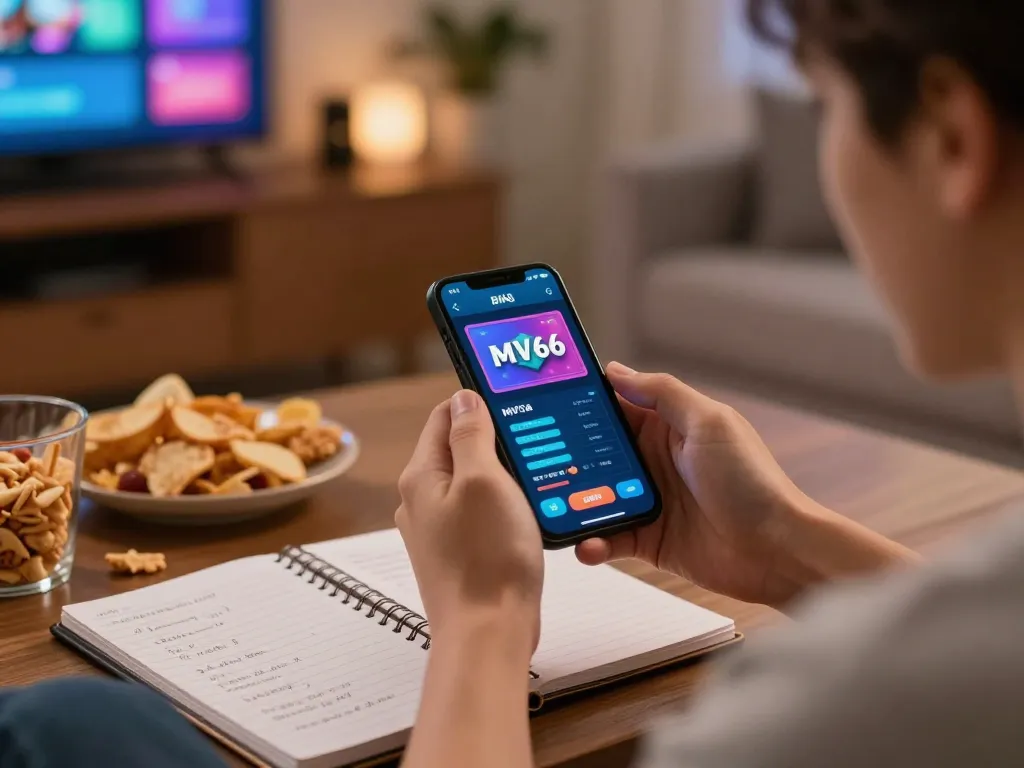 Player engaging with MV66 casino app on smartphone, strategizing with notebook nearby.