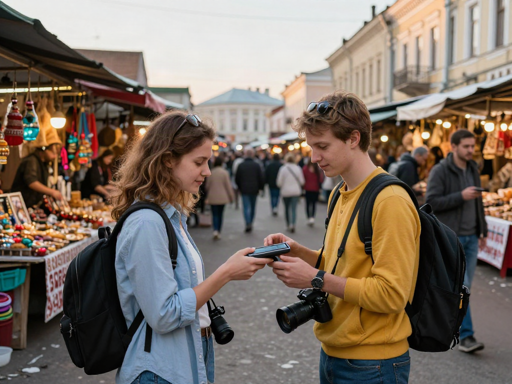Pareja usando https://payinrussia.com/ para pagar en un mercado ruso lleno de artesanías y comida local.