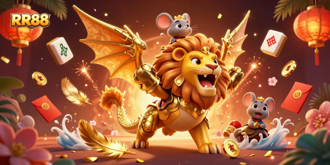 Experience excitement at RR88 with a mythical chimera and mouse jockey amidst casino elements.