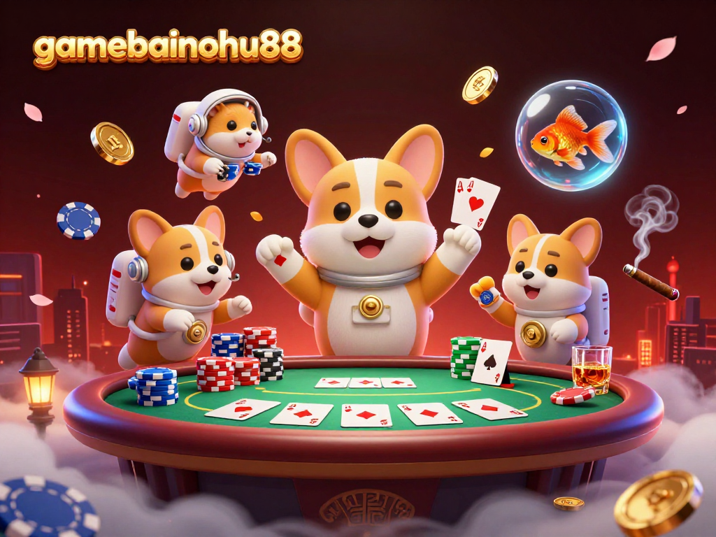 Join the thrilling experience of gamebainohu88 with an astronaut corgi amidst poker chips and coins.
