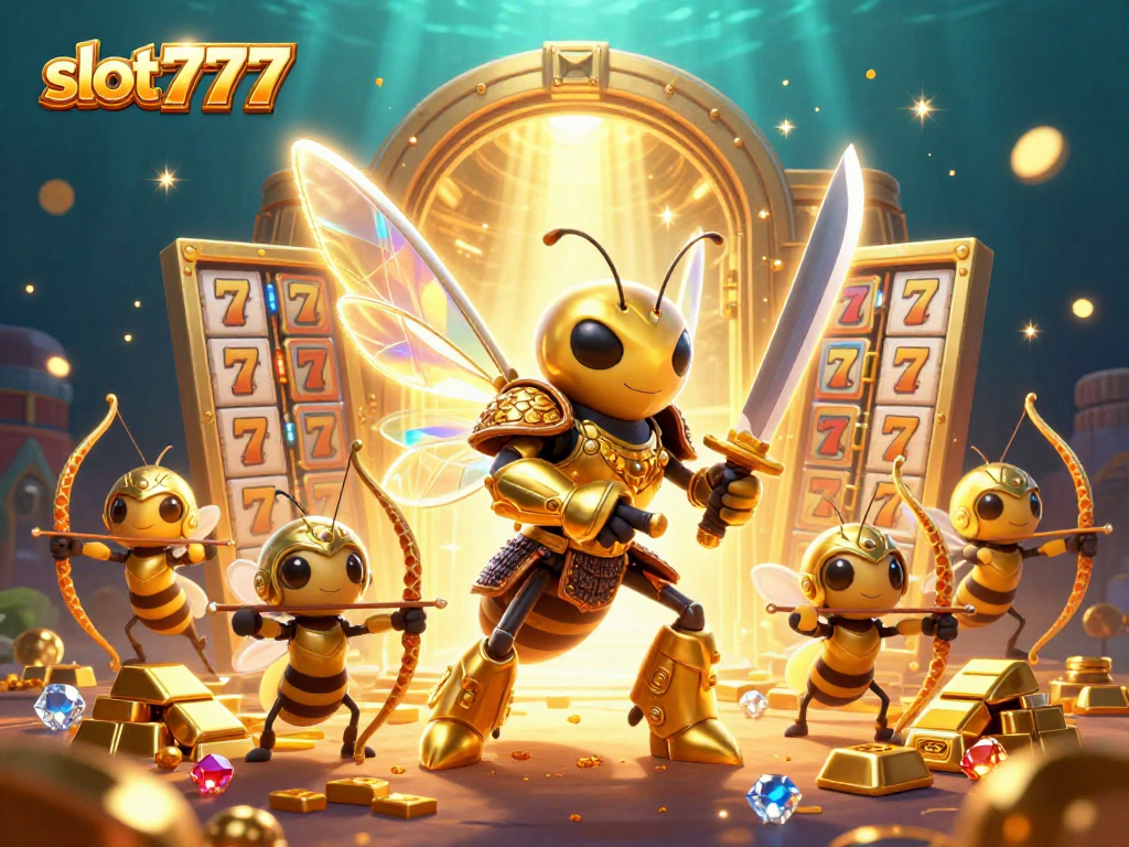 Engage with slot777 in a vibrant scene featuring golden hornets and treasure-filled jackpots.
