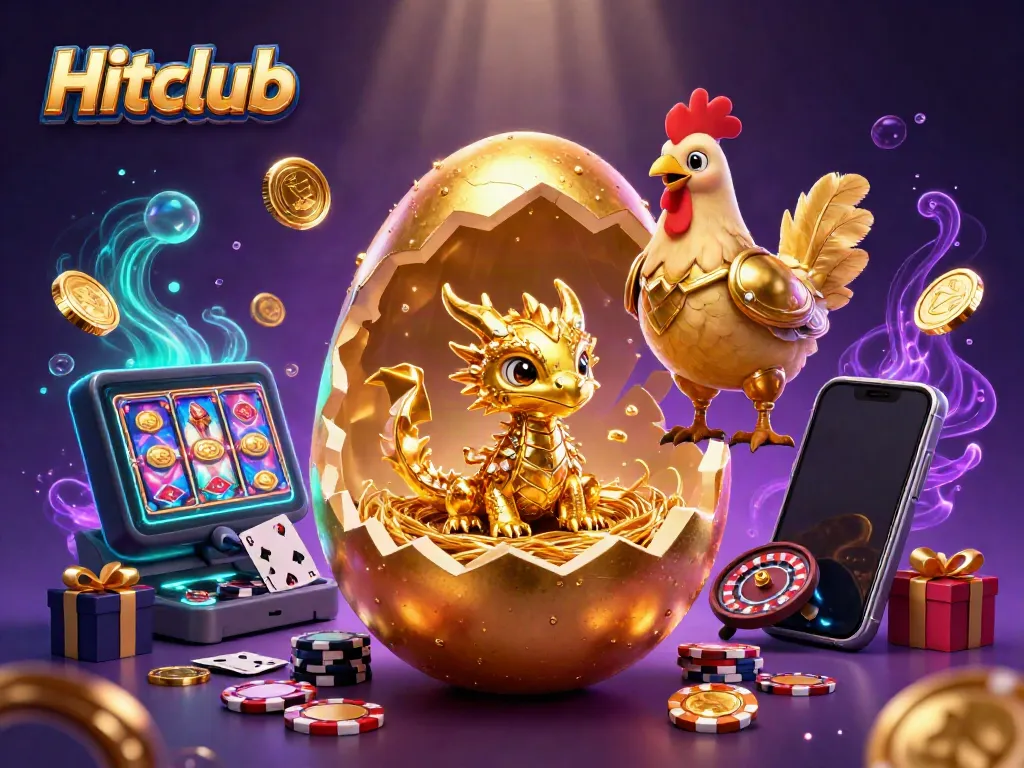 Hitclub showcases an enchanting casino scene with a golden dragon and poker chips amidst exciting game elements.