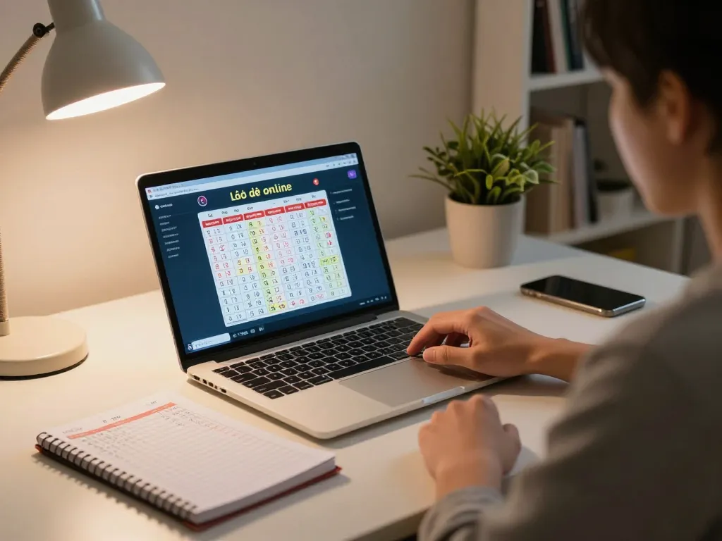 Engaging in đánh lô online strategy with a warm setup and laptop interface for better odds.