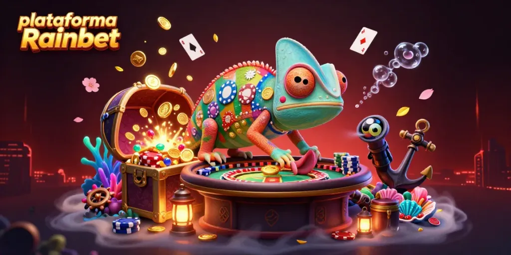 Plataforma Rainbet: Casino animado con un camaleón y tesoros, lleno de acción y diversión.