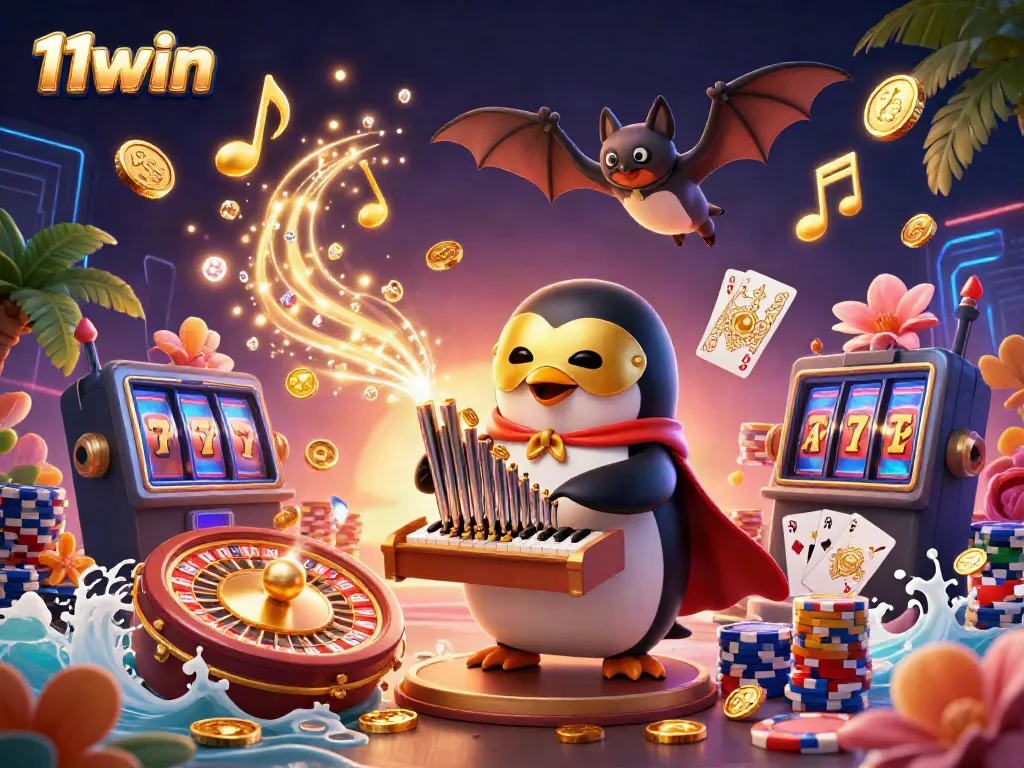Experience thrilling gameplay at 11win with a vibrant, dynamic casino scene showcasing iconic elements like golden coins and a roulette wheel.