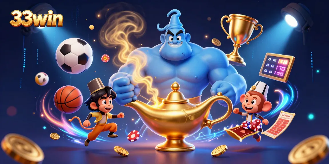 Experience the excitement at 33win with dynamic sports elements and a magical genie illustration.