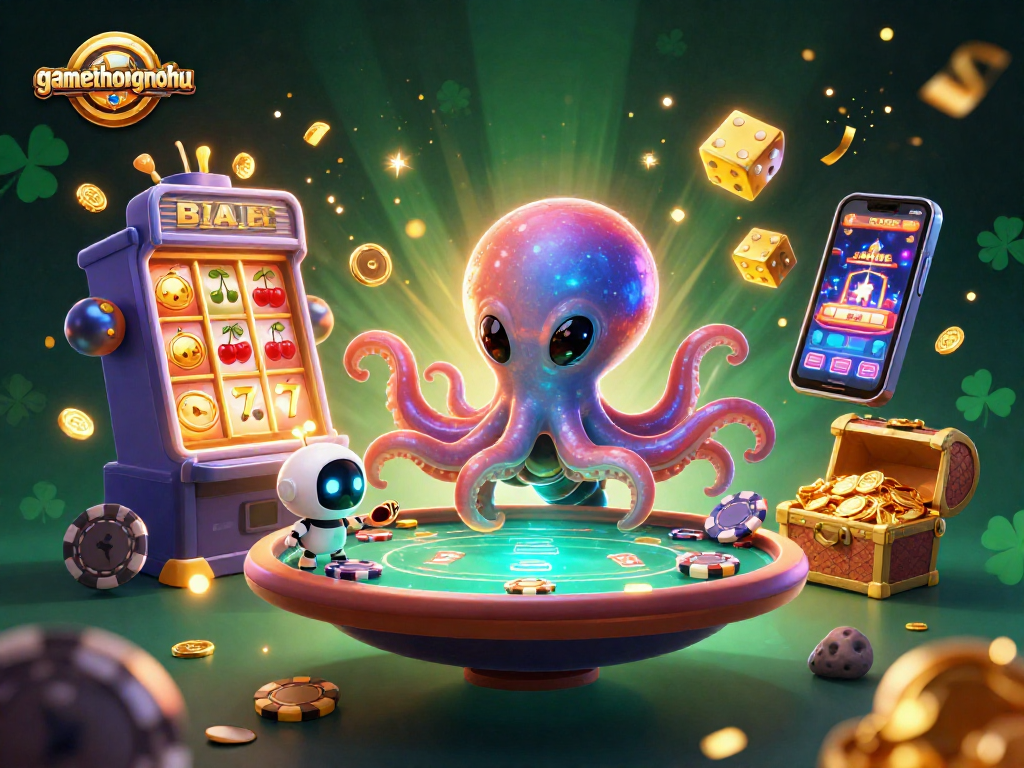 Experience the excitement of gamethuongnohu with an alien octopus at a holographic poker table amidst dazzling casino elements.
