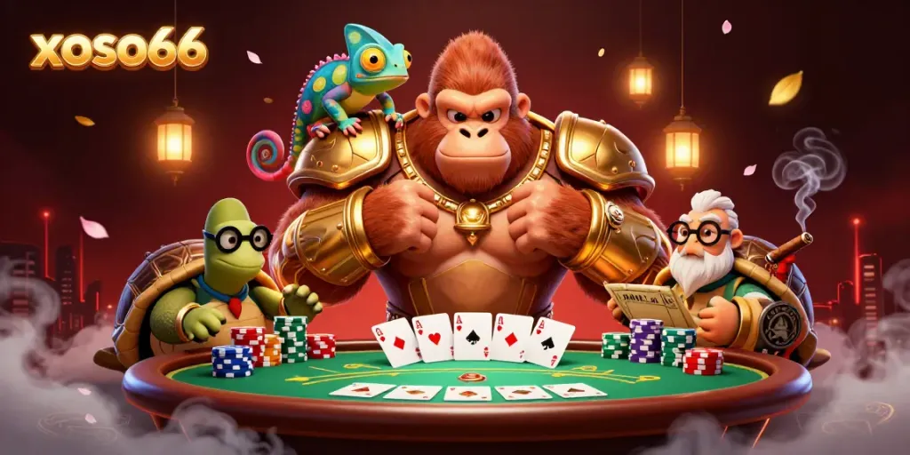 Experience thrilling gameplay with xoso66, as a mighty gorilla king stands proudly among vibrant poker elements.