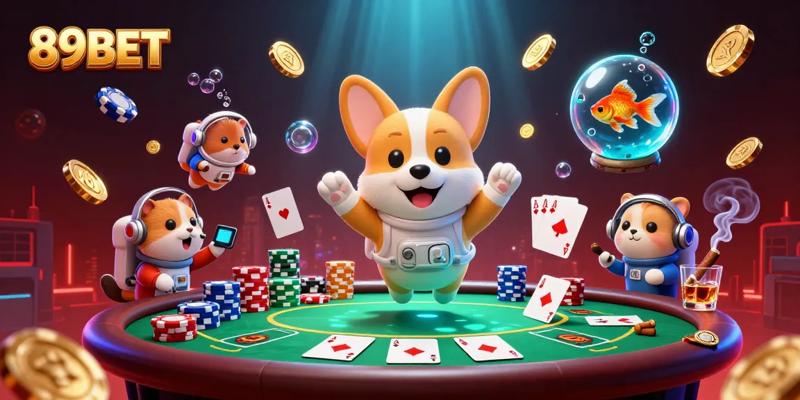 Join the excitement at 89BET with a vibrant 3D scene of gambling in zero gravity, featuring whimsical characters and poker games.