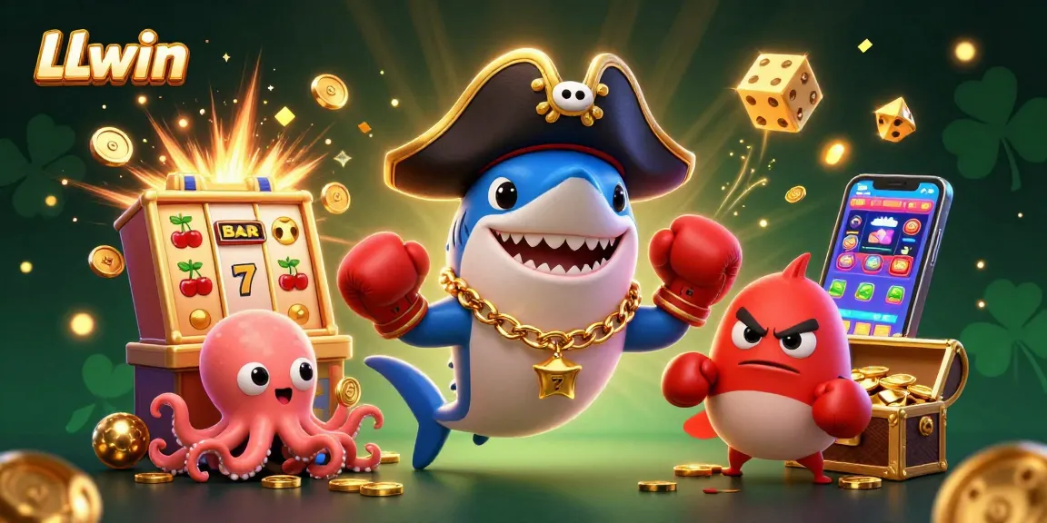 Experience the thrill of LLwin casino with a dynamic 3D cartoon scene filled with exciting gambling elements.