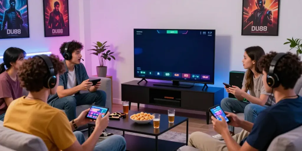 Group enjoying online gaming on DU88 platform in vibrant living room.