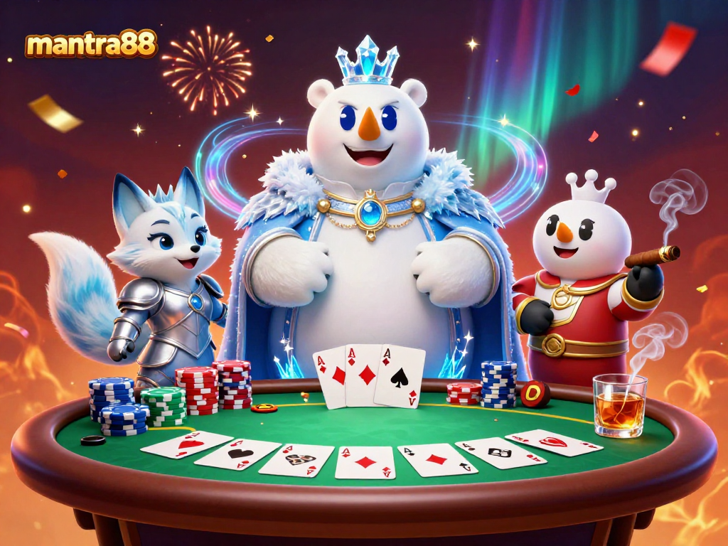 Experience the excitement at mantra88 with a captivating 3D casino scene featuring dynamic poker elements.