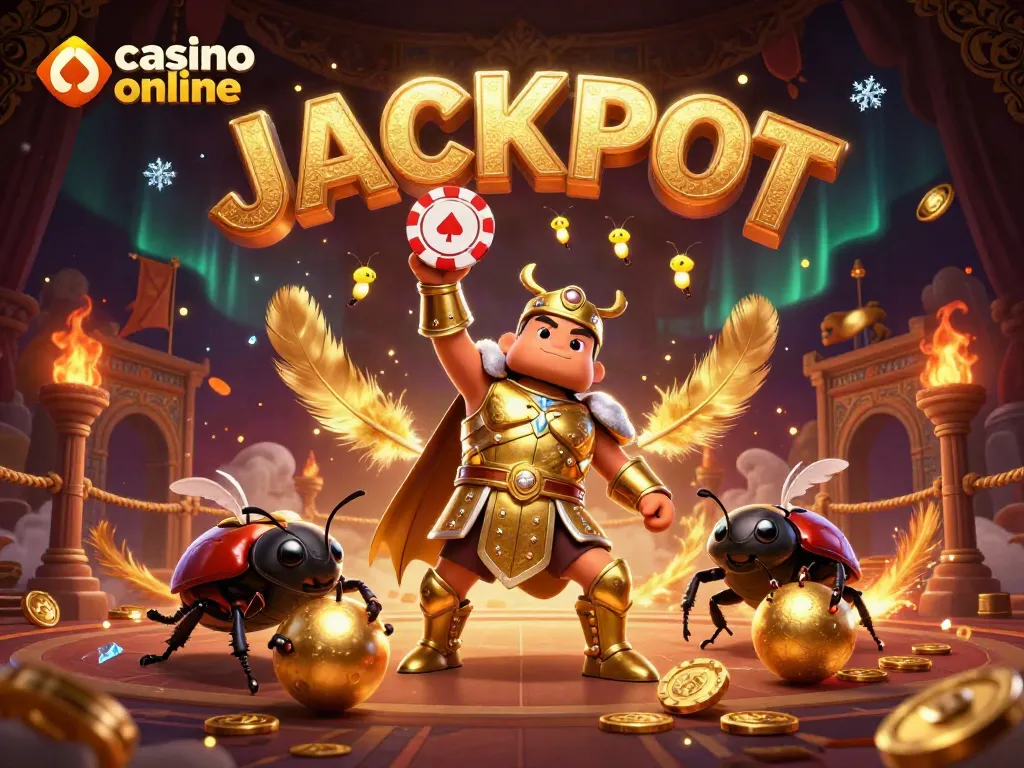 Gira un chip de póker en un casino online mientras una luciérnaga escribe JACKPOT en el aire.