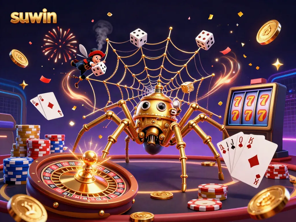 Experience the thrill of winning at suwin with a stunning casino-themed illustration featuring 3D characters and vibrant gaming elements.