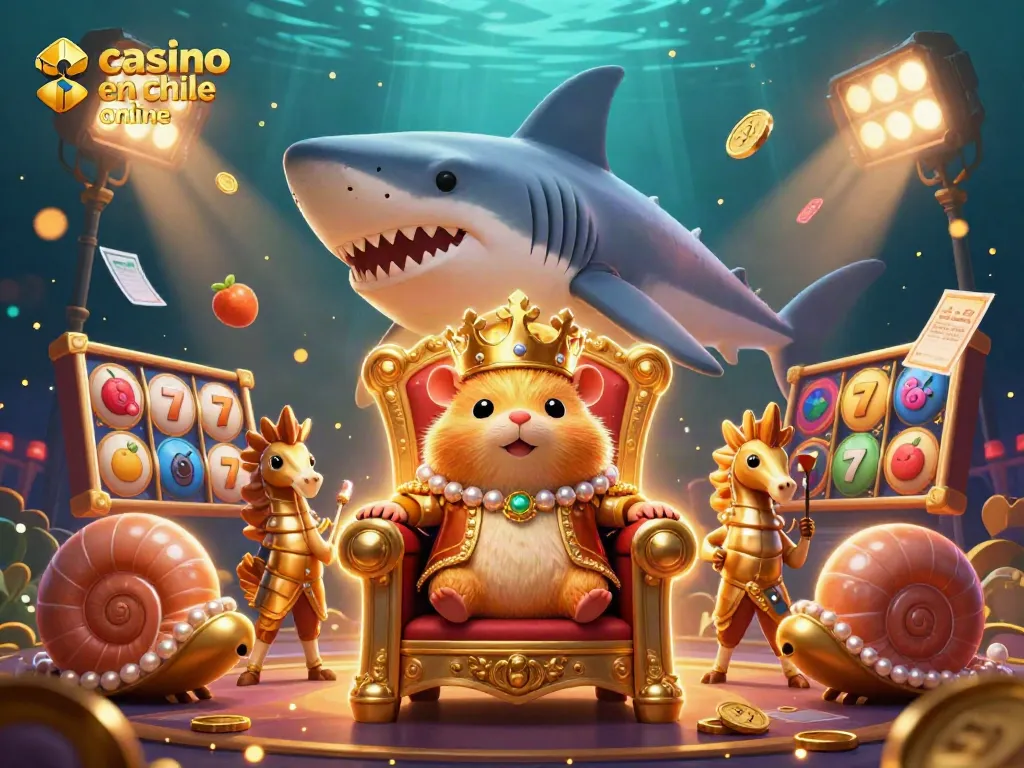 Disfruta del emocionante casino en Chile online con nuestra ilustración vibrante de tragamonedas y un rey hámster dorado.