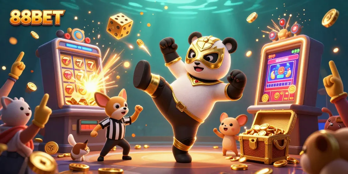 88BET showcases thrilling excitement with a panda wrestler and animal spectators amidst a jackpot explosion.