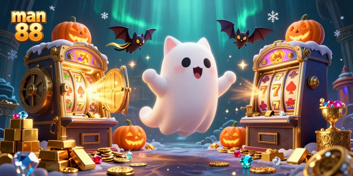 Experience the thrill of man 88 with a ghost cat, vampire bat, and casino treasures in a haunted setting.