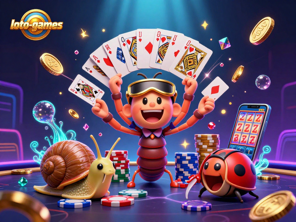 Loto-games showcases an exciting scene with a millipede dealer, snail high-roller, and pill bug amid vibrant casino elements.